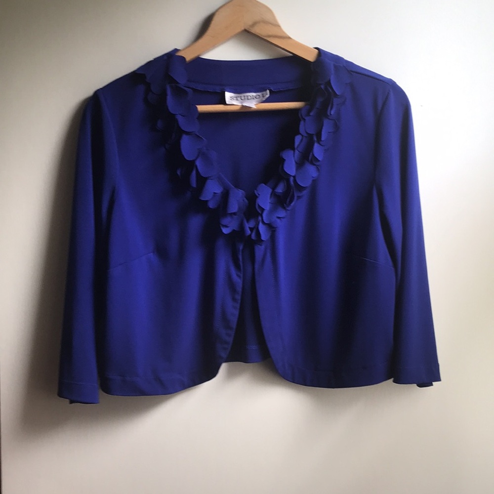 Studio I Royal Blue Shrug Bolero Floral Appliqués lapel hook eye closure sz 10